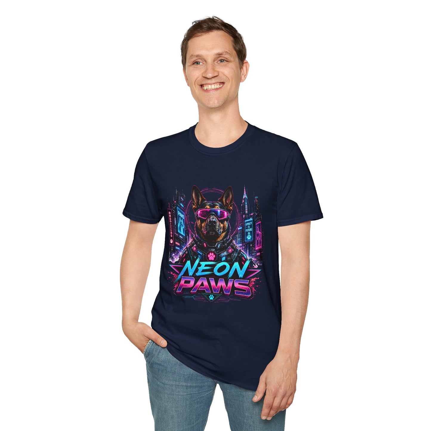 Neon Paws t-shirt, sci-fi dog illustration with neon cyberpunk canine artwork, navy