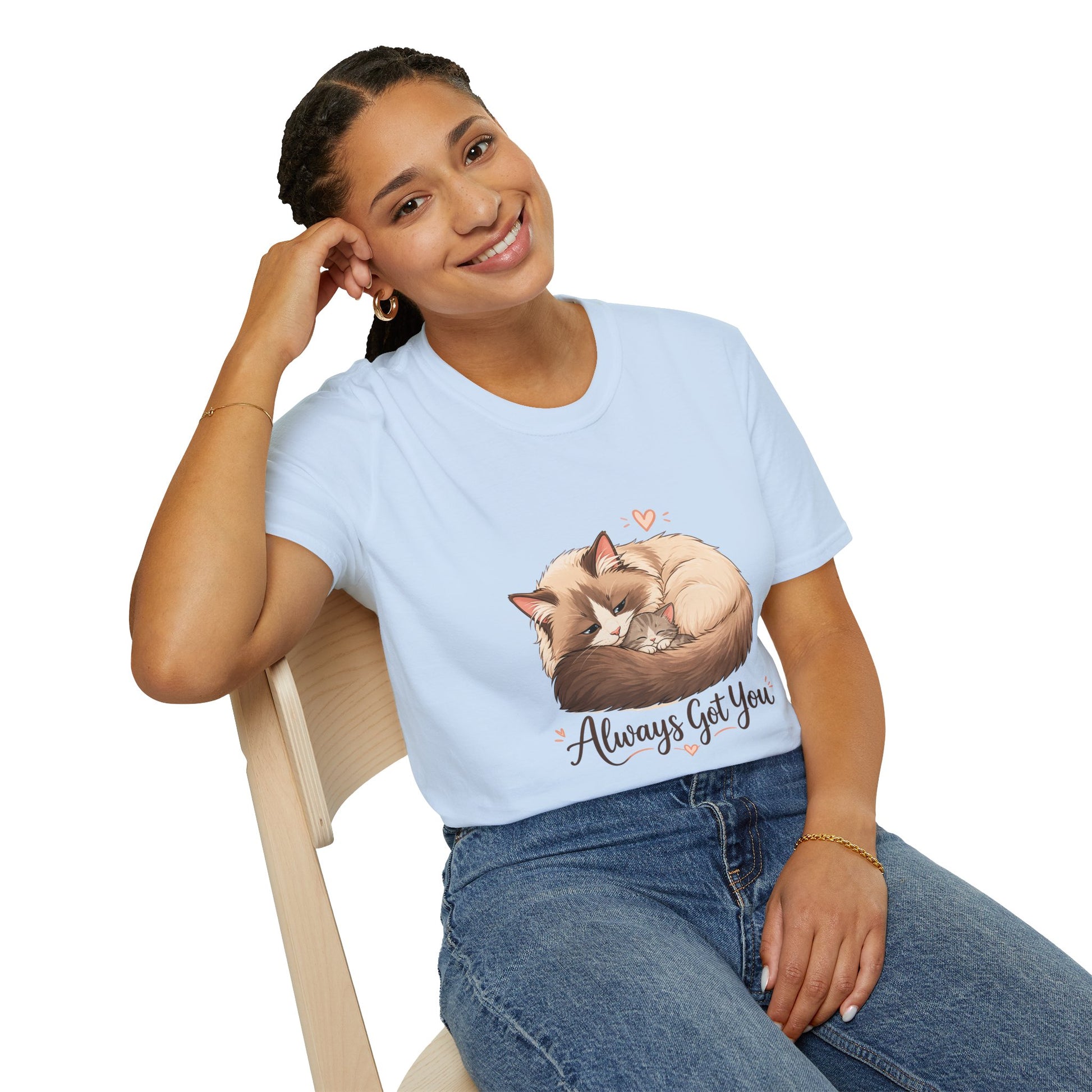 Always Got You t-shirt, cat and kitten cuddle illustration, light blue