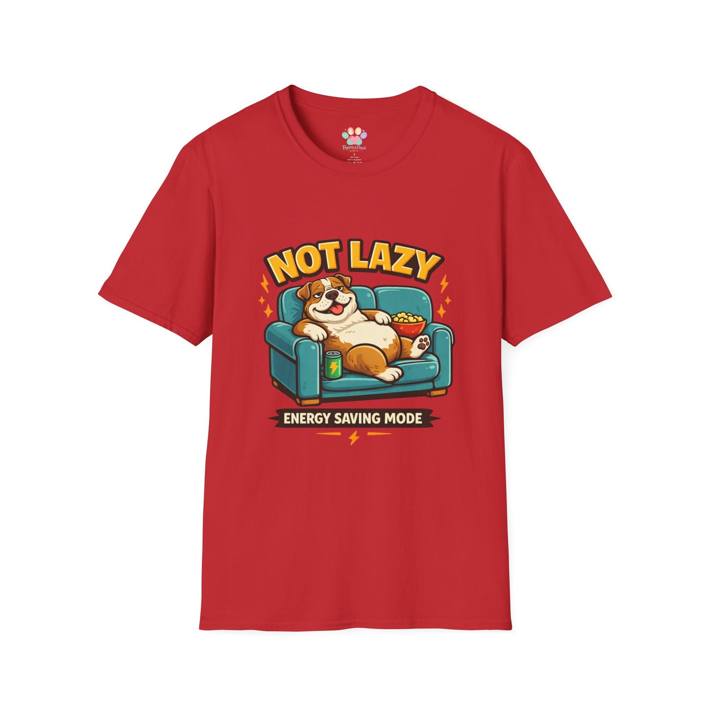 Not Lazy Energy Saving Mode t-shirt, lazy dog couch graphic, red