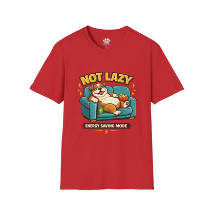 Not Lazy Energy Saving Mode t-shirt, lazy dog couch graphic, red