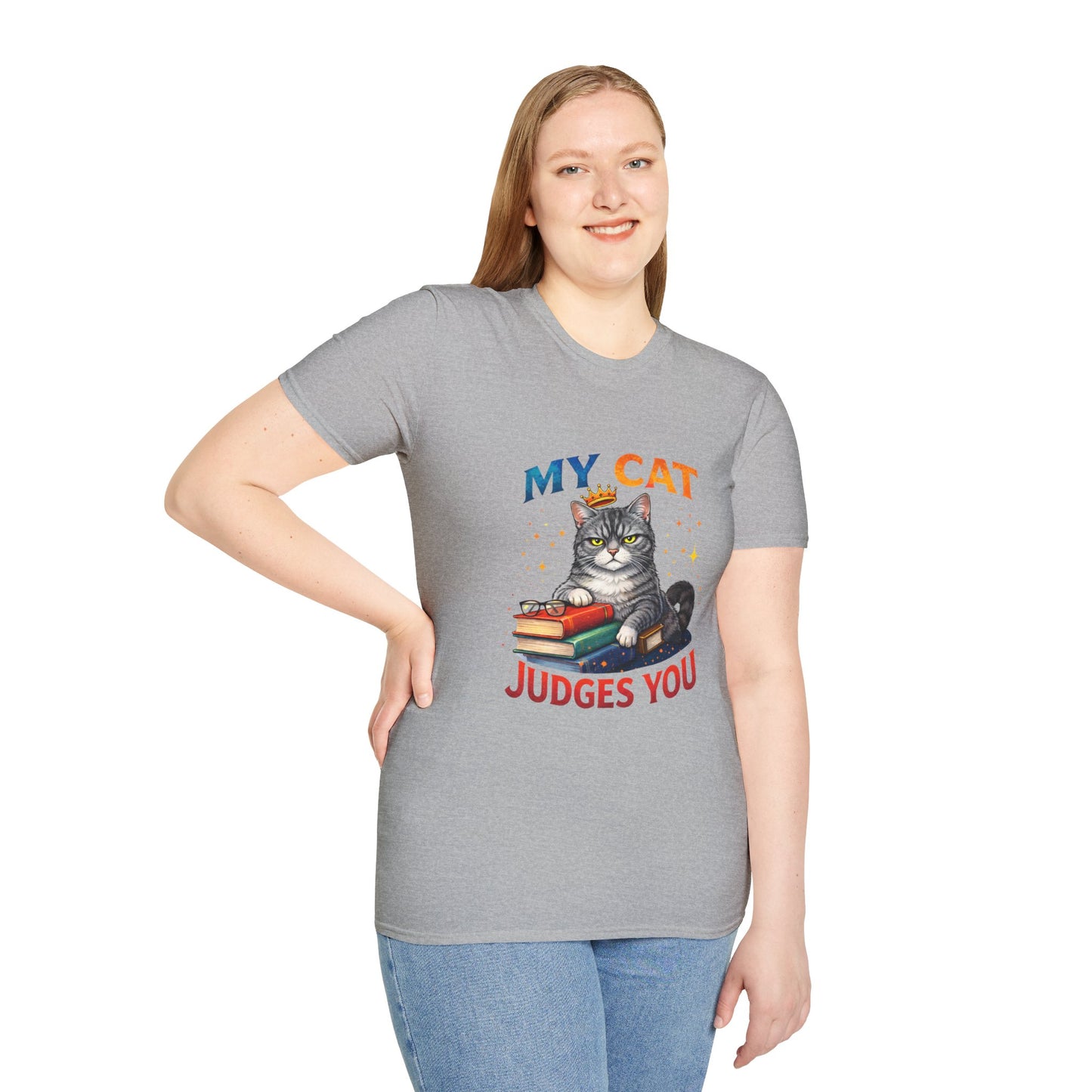 My Cat Judges You t-shirt, gray cat with crown and book stack graphic, sport gray
