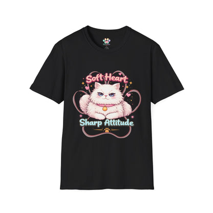 Soft Heart Sharp Attitude cat shirt, cute fluffy kitten graphic, sassy cat lover design, black