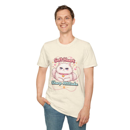 Soft Heart Sharp Attitude cat t-shirt, adorable kitten illustration, funny pet lover quote shirt, natural