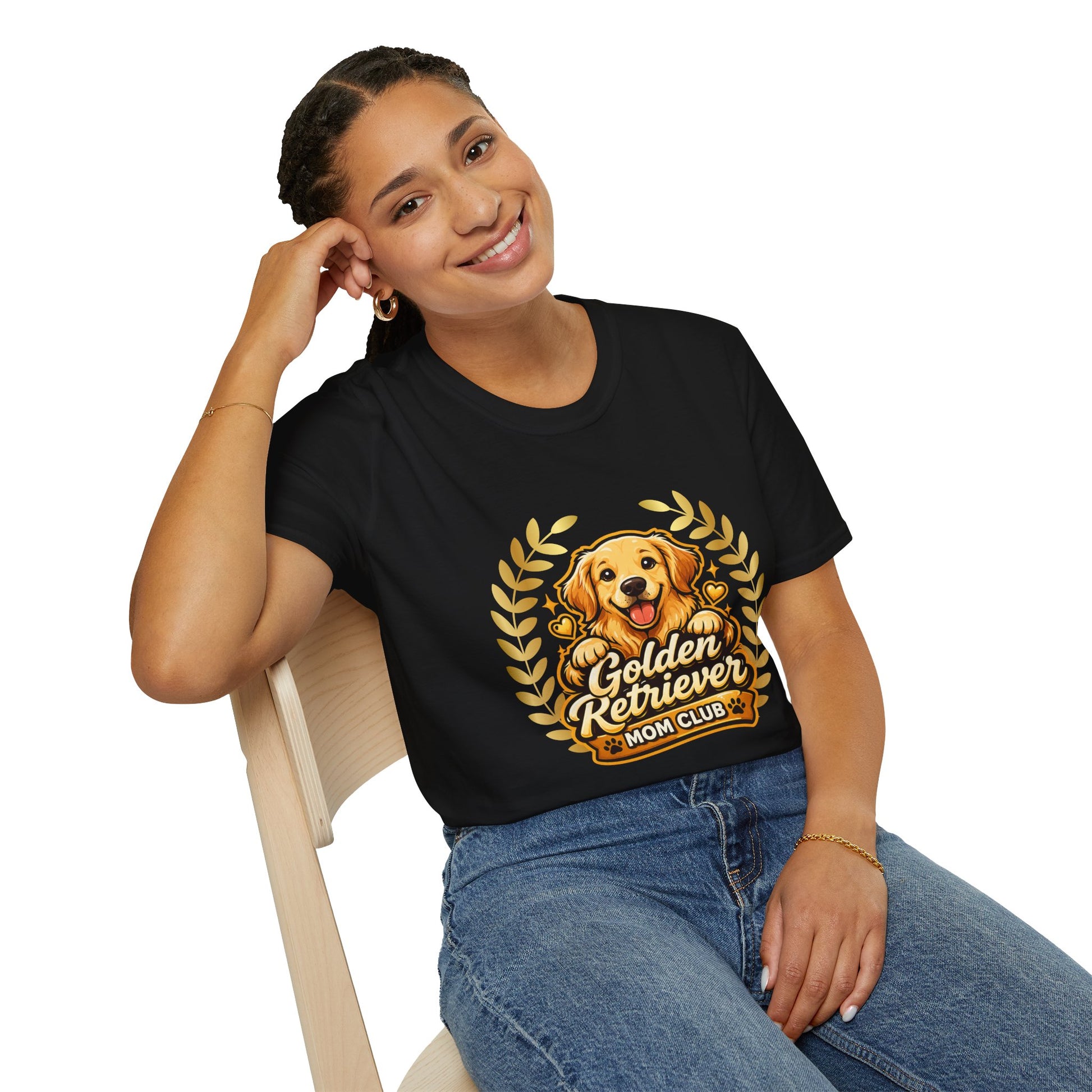 Golden Retriever Mom Club shirt, smiling golden retriever puppy graphic, black