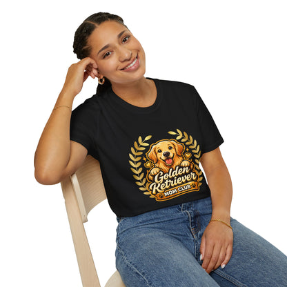 Golden Retriever Mom Club shirt, smiling golden retriever puppy graphic, black