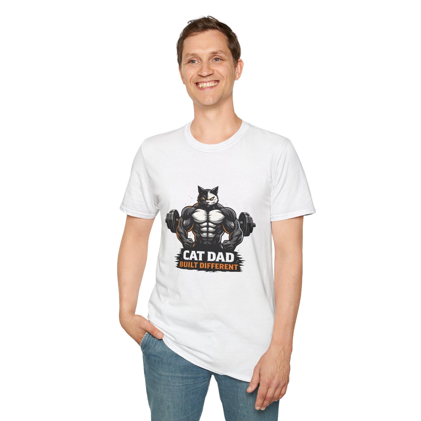 Cat Dad Built Different t-shirt, muscular cat bodybuilder graphic with dumbbells, funny cat dad gift shirt, white