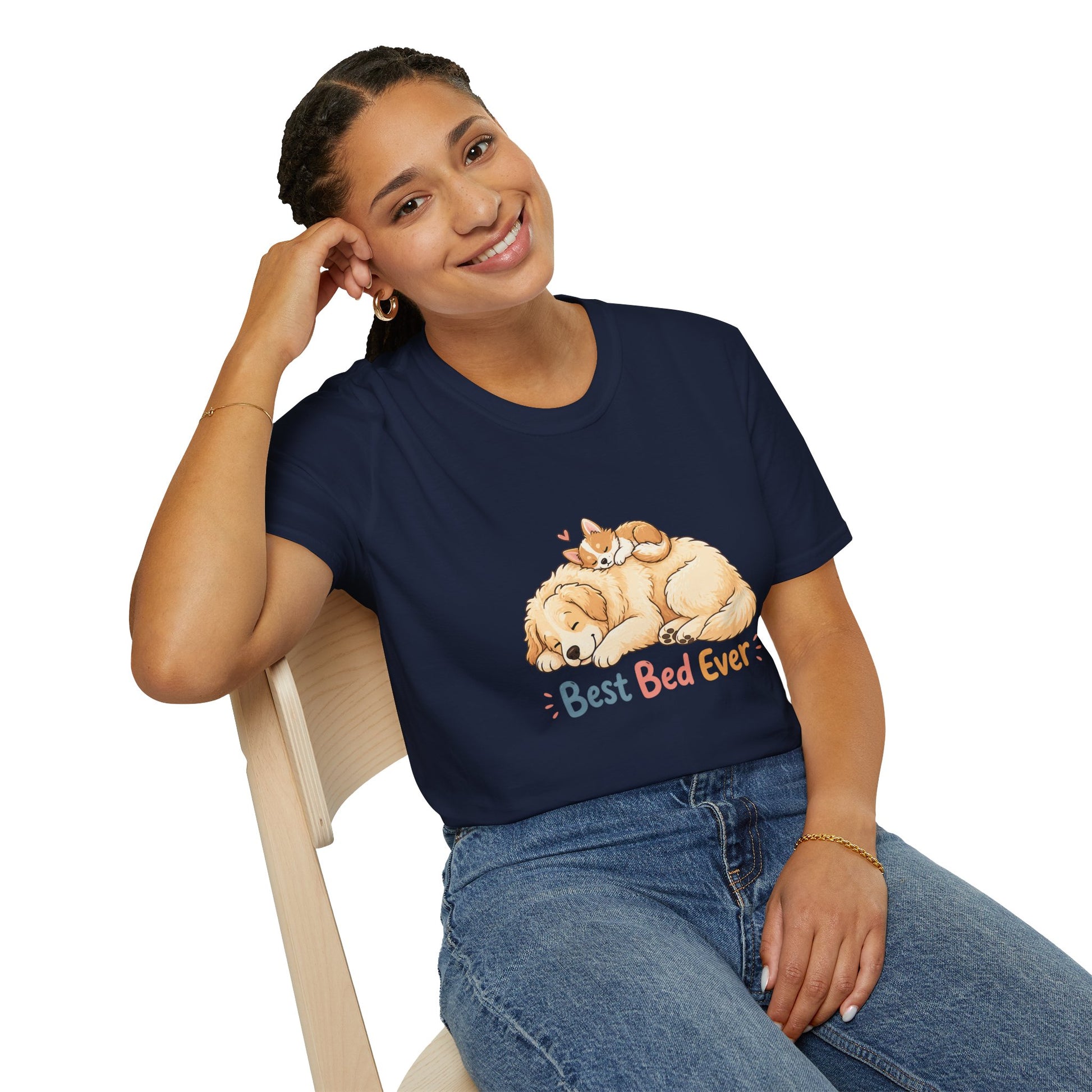 Best Bed Ever t-shirt, puppy sleeping with kitten graphic design, navy