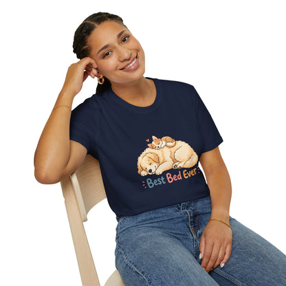 Best Bed Ever t-shirt, puppy sleeping with kitten graphic design, navy
