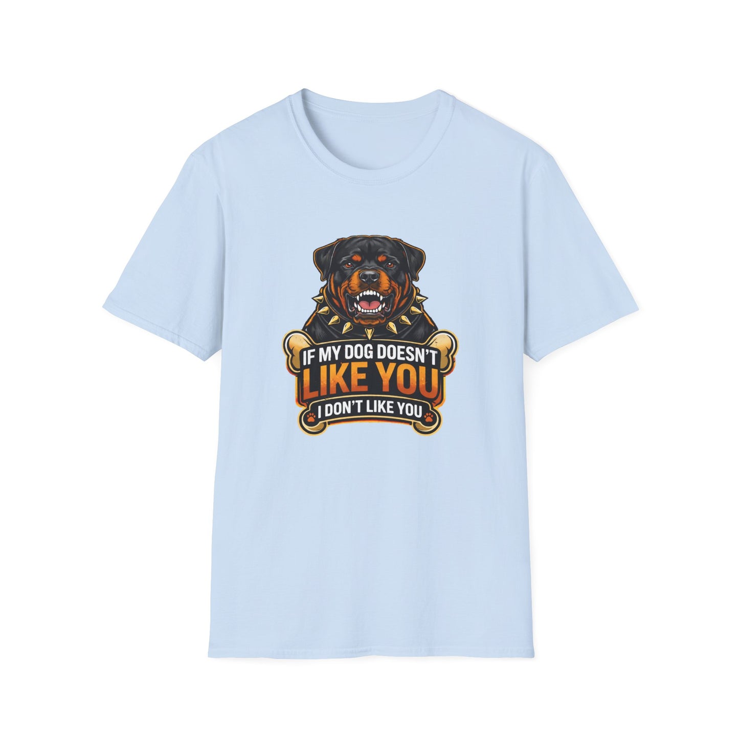 If My Dog Doesn’t Like You t-shirt, Rottweiler illustration, funny dog lover saying, light blue