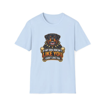 If My Dog Doesn’t Like You t-shirt, Rottweiler illustration, funny dog lover saying, light blue