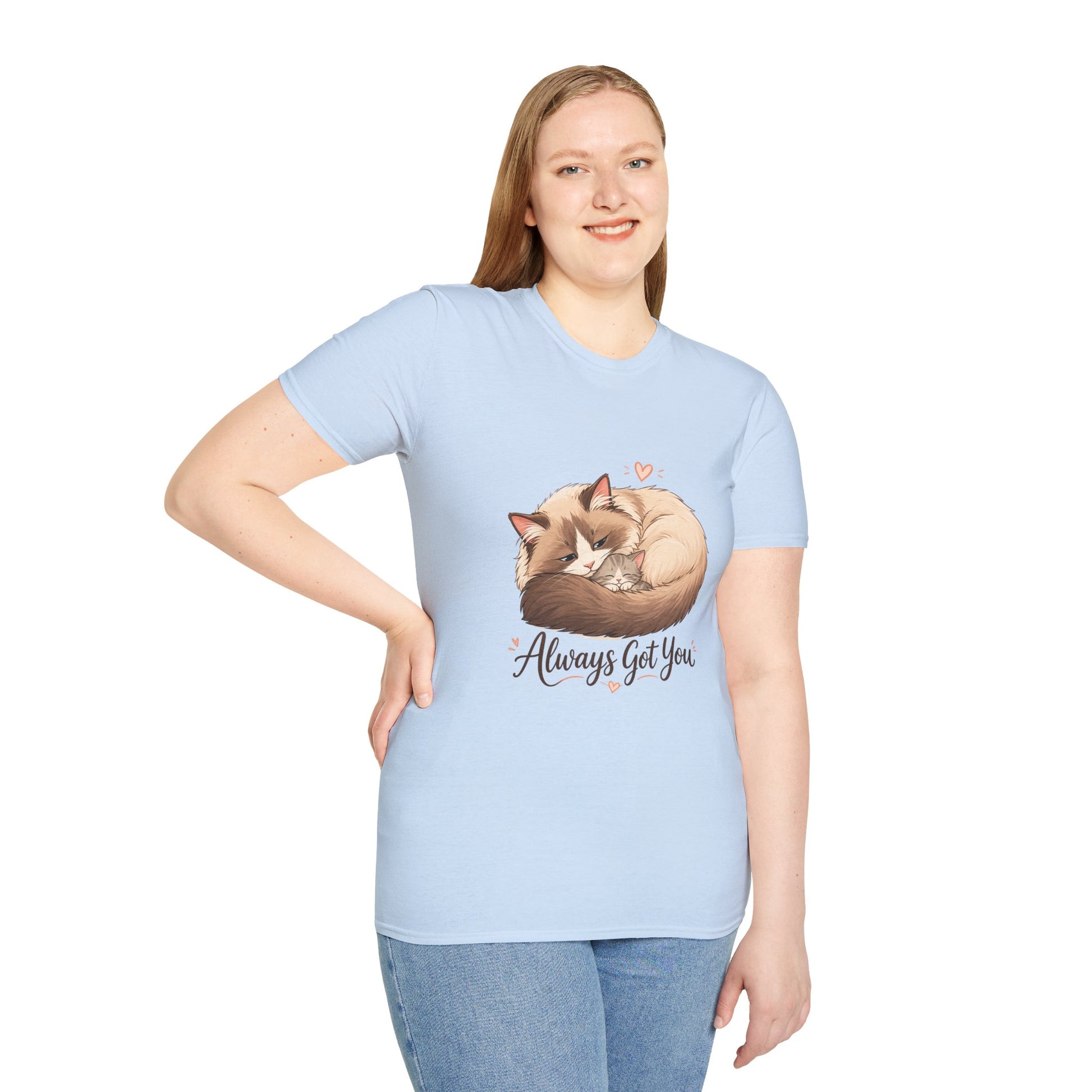 Always Got You t-shirt, cat and kitten cuddle illustration, light blue