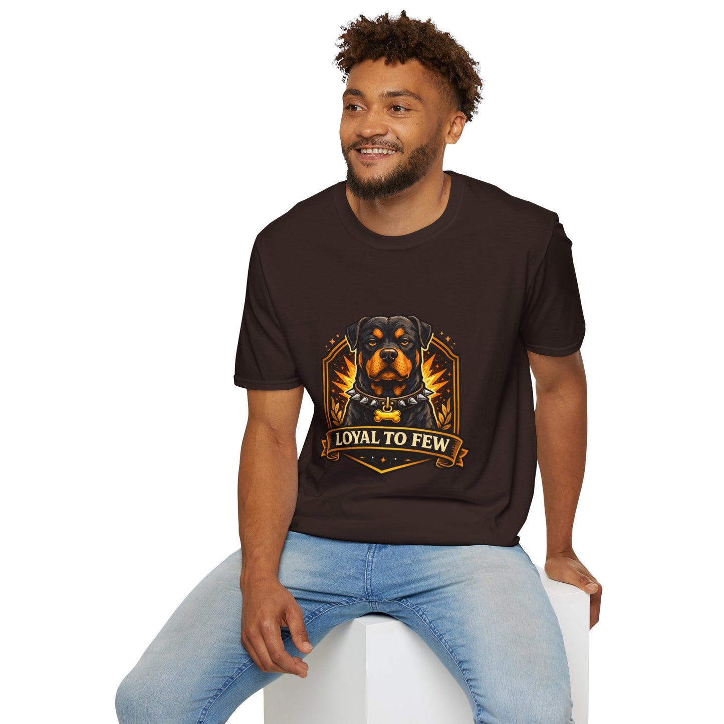 Rottweiler, “Loyal to Few” quote, bold guard dog illustration, dark chocolate