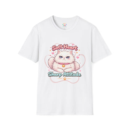 Soft Heart Sharp Attitude cat t-shirt, cute fluffy kitten graphic, funny cat lover quote shirt, white