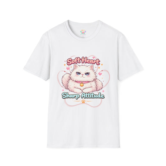 Soft Heart Sharp Attitude cat t-shirt, cute fluffy kitten graphic, funny cat lover quote shirt, white