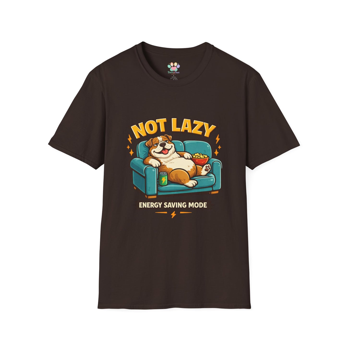 Not Lazy Energy Saving Mode t-shirt, relaxed dog on sofa illustration, dark chocolate