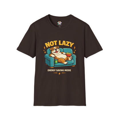 Not Lazy Energy Saving Mode t-shirt, relaxed dog on sofa illustration, dark chocolate