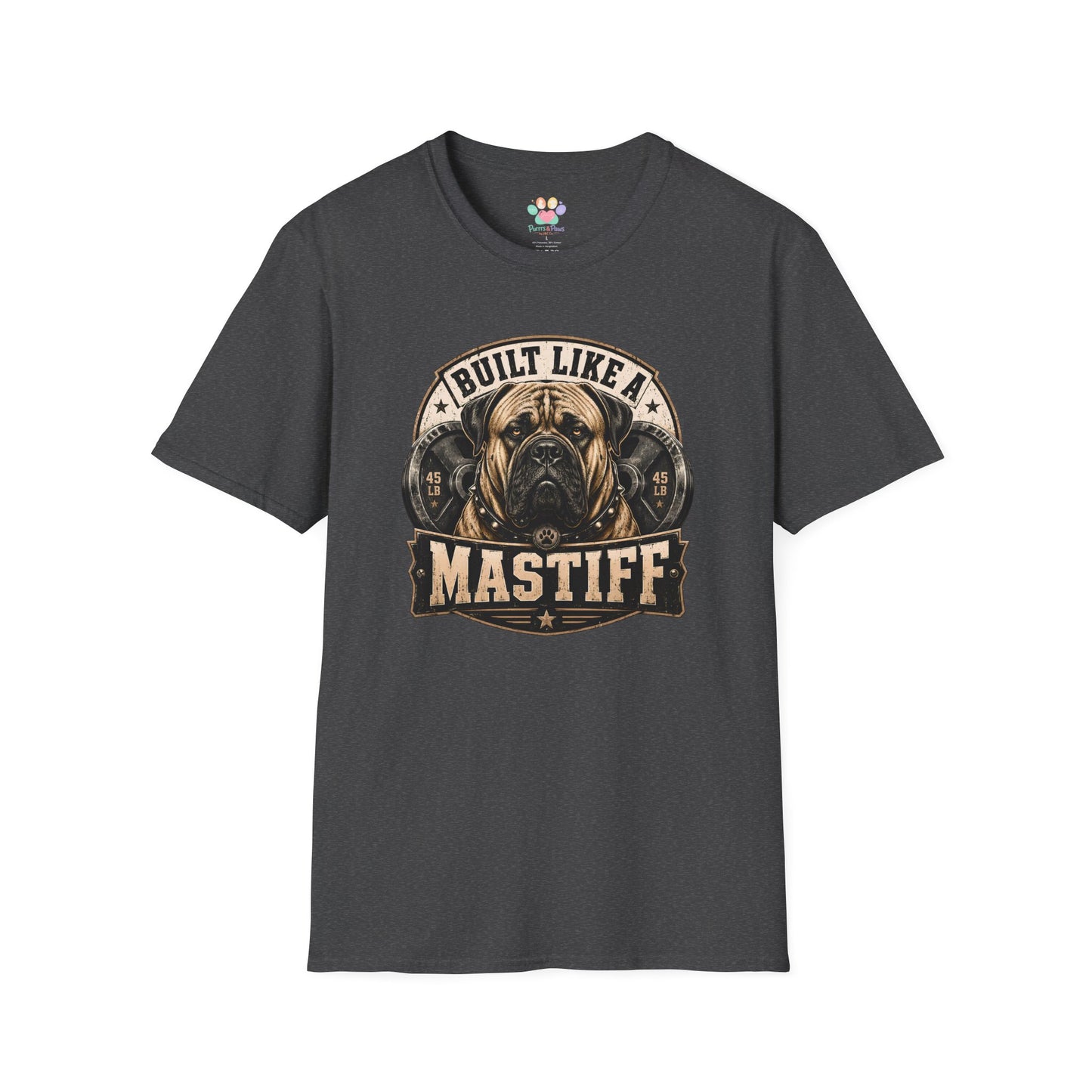 Built Like A Mastiff t-shirt, Mastiff dog bodybuilding inspired illustration, dark heather