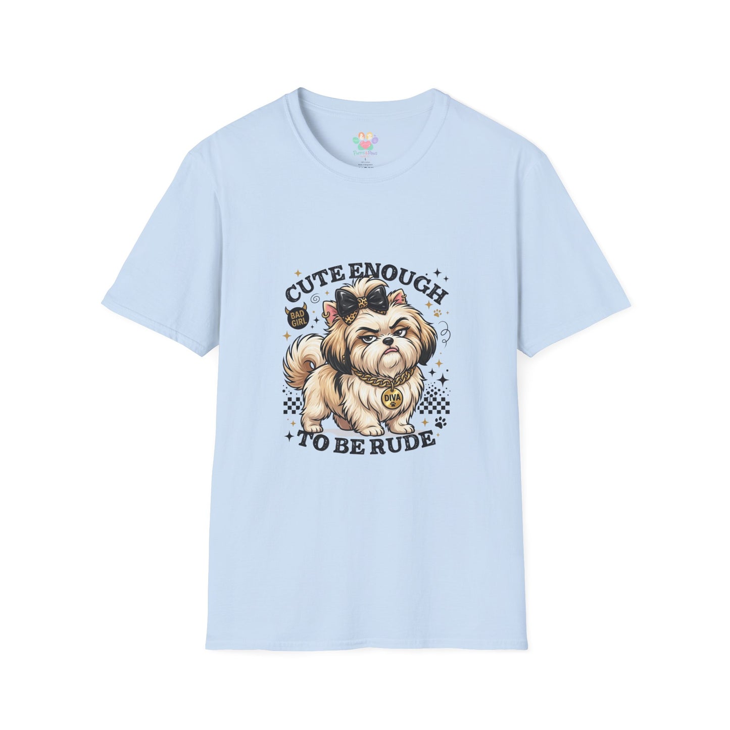 Cute Enough To Be Rude dog t-shirt, cute diva dog with bow and attitude illustration, light blue