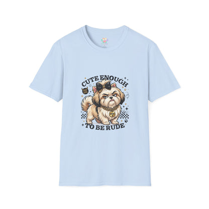 Cute Enough To Be Rude dog t-shirt, cute diva dog with bow and attitude illustration, light blue