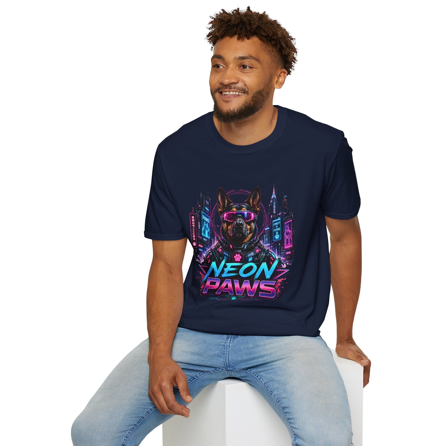 Neon Paws t-shirt, sci-fi dog illustration with neon cyberpunk canine artwork, navy