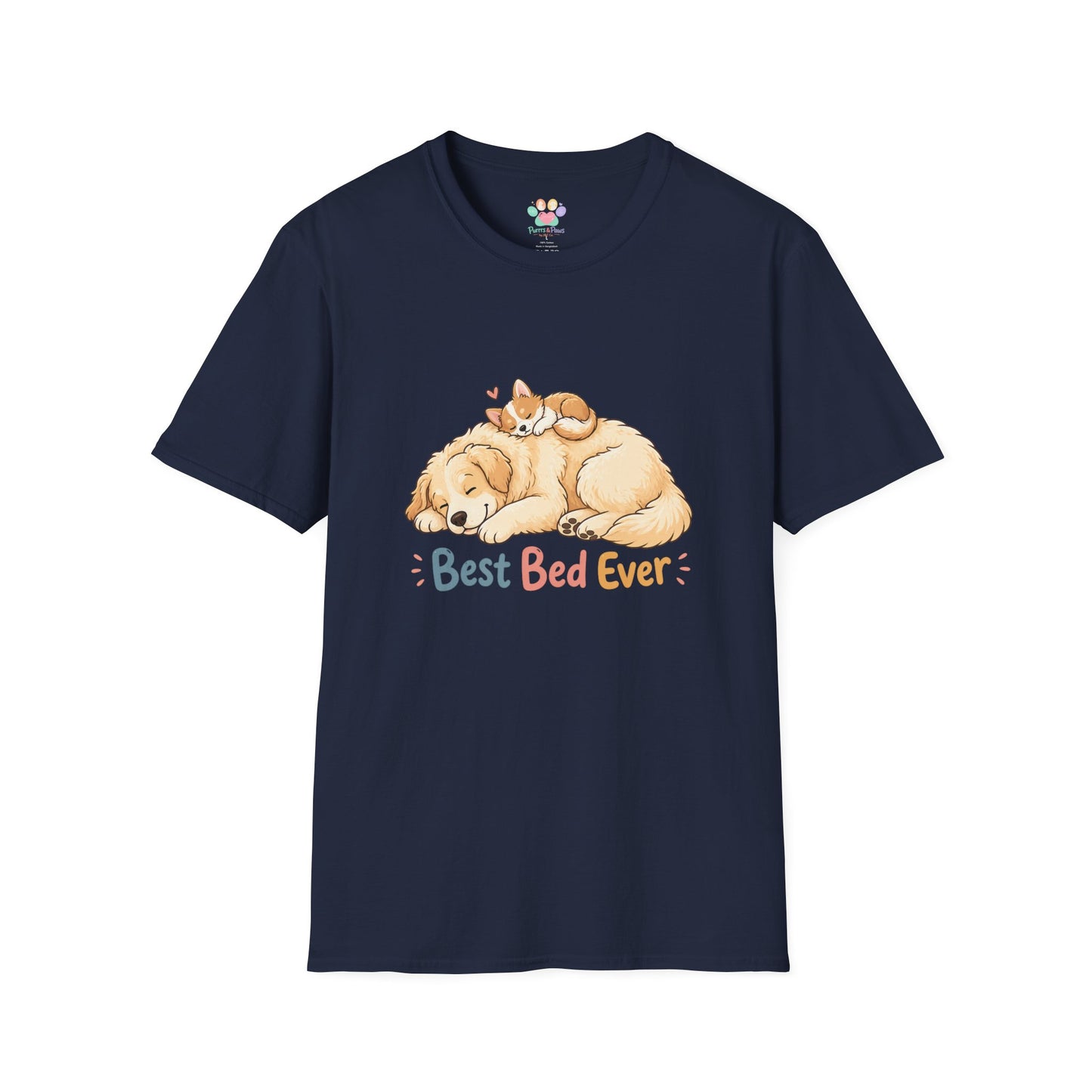 Best Bed Ever t-shirt, puppy sleeping with kitten graphic design, navy