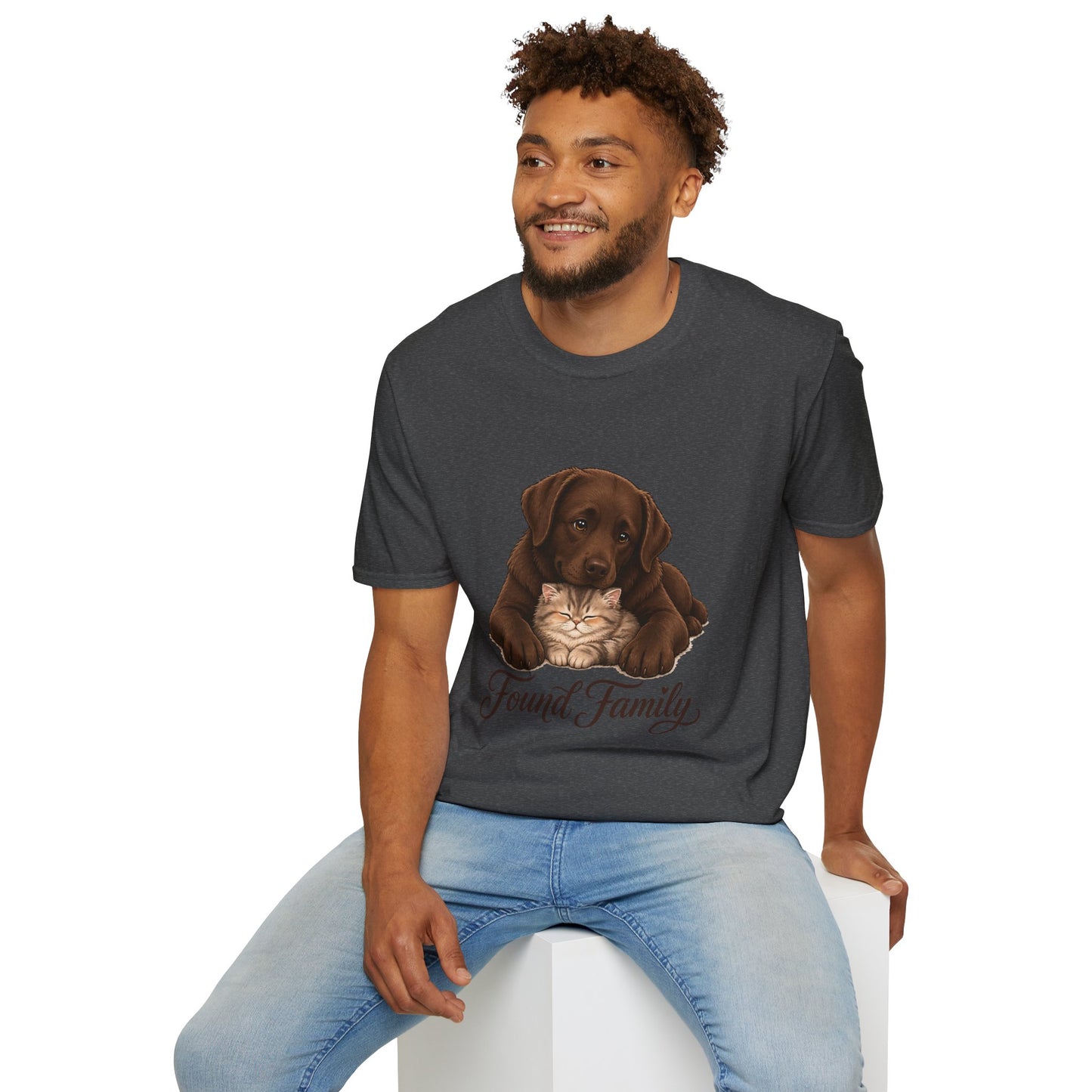 Found Family Labrador Retriever t-shirt, chocolate lab dog and cat cuddle design, dark heather
