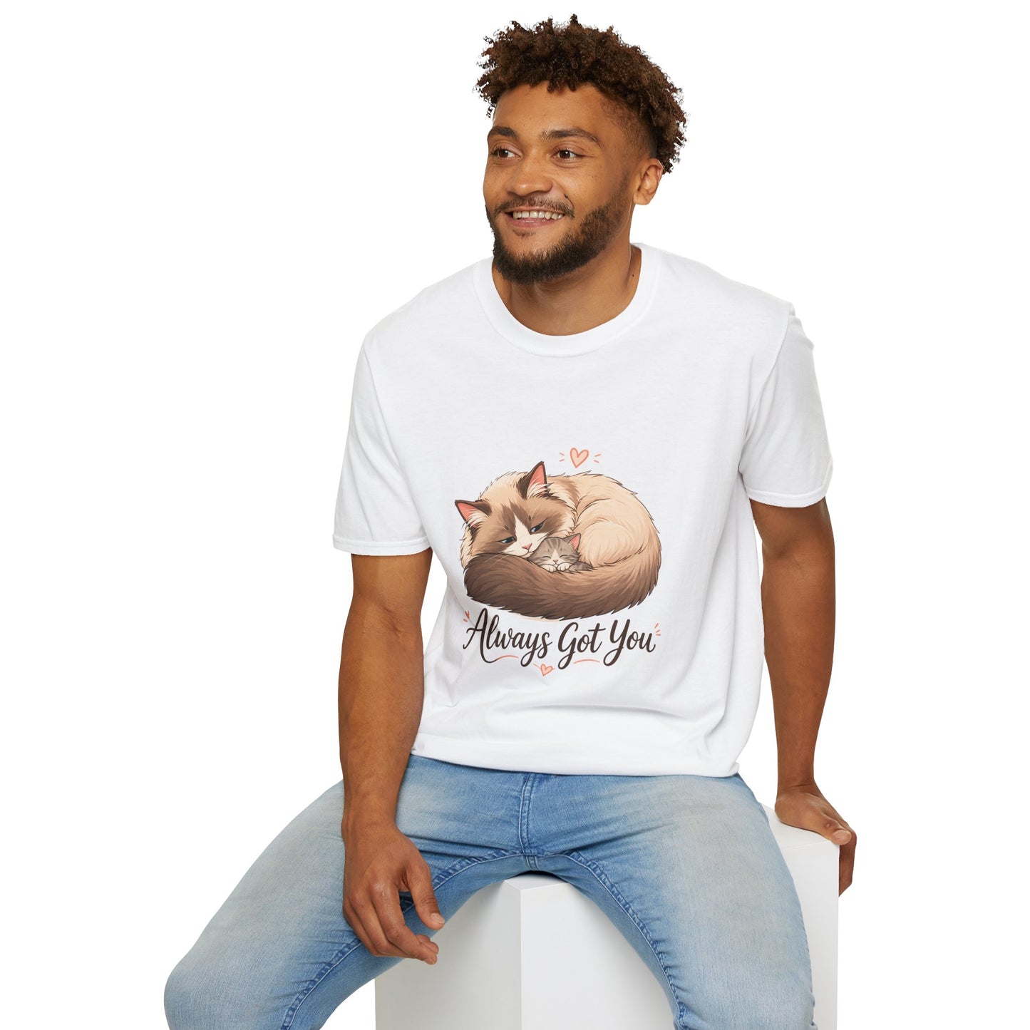 Always Got You t-shirt, mother cat cuddling kitten graphic, white