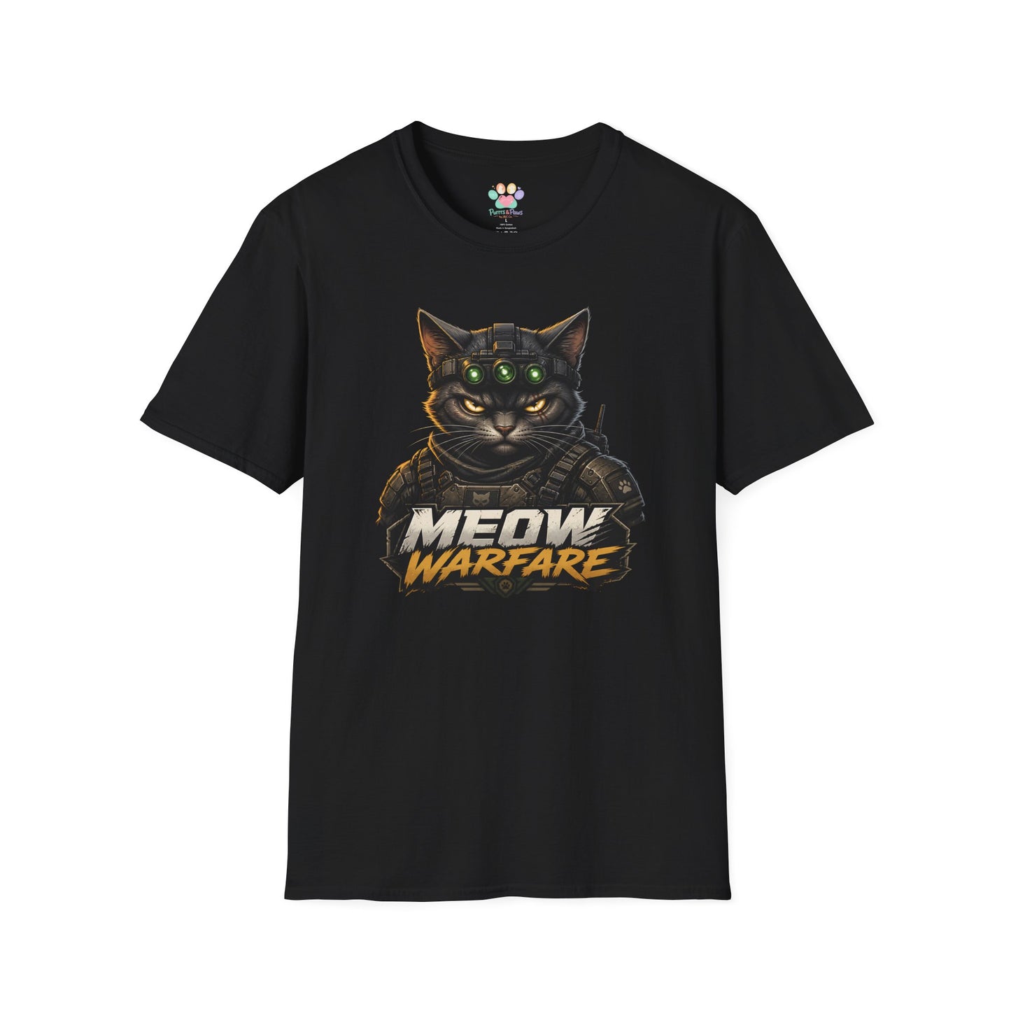 Meow Warfare t-shirt, funny army cat illustration with tactical black cat design, black
