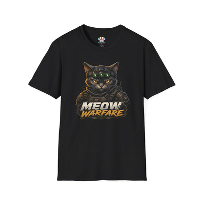 Meow Warfare t-shirt, funny army cat illustration with tactical black cat design, black