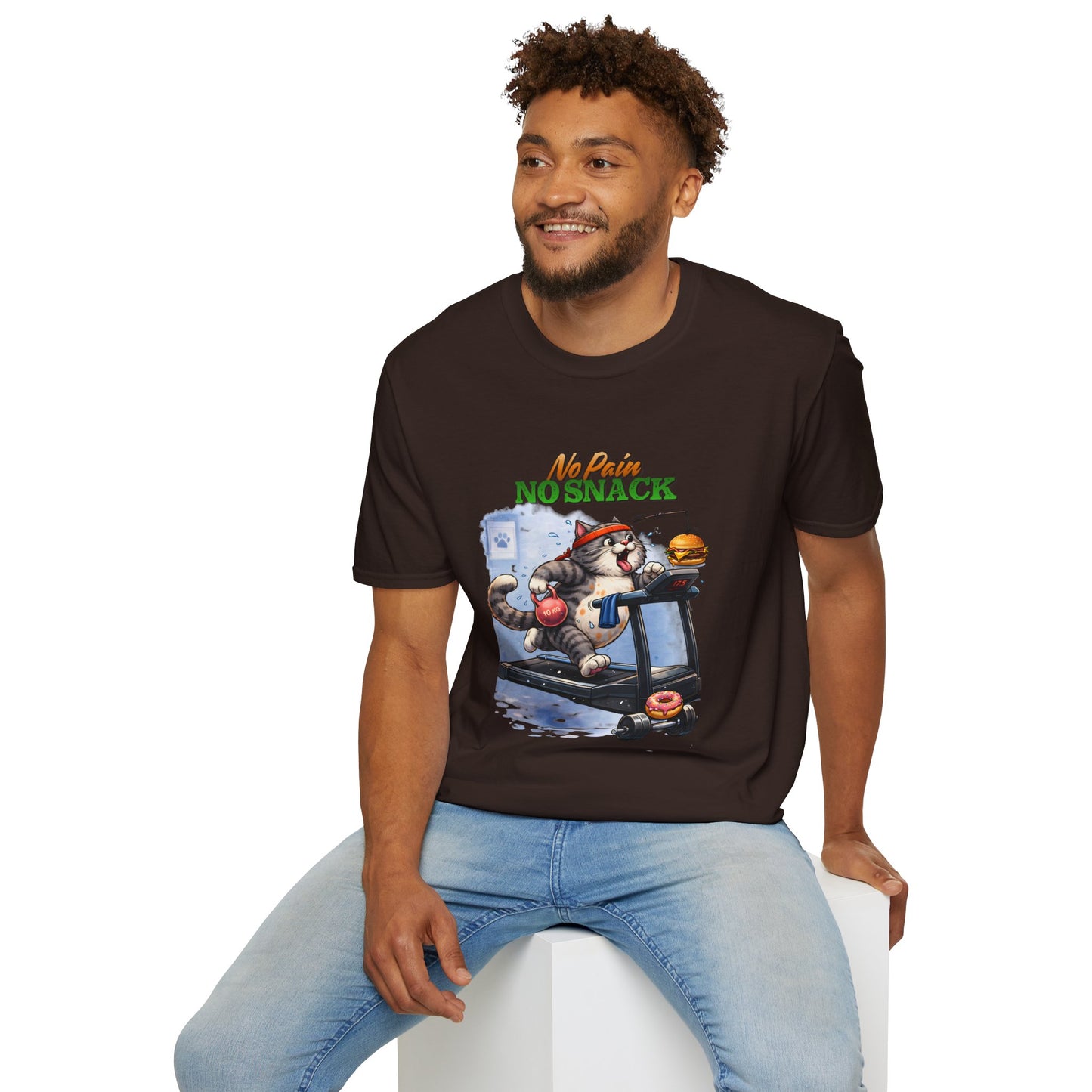 No Pain No Snack t-shirt, treadmill cat with snack illustration, dark chocolate