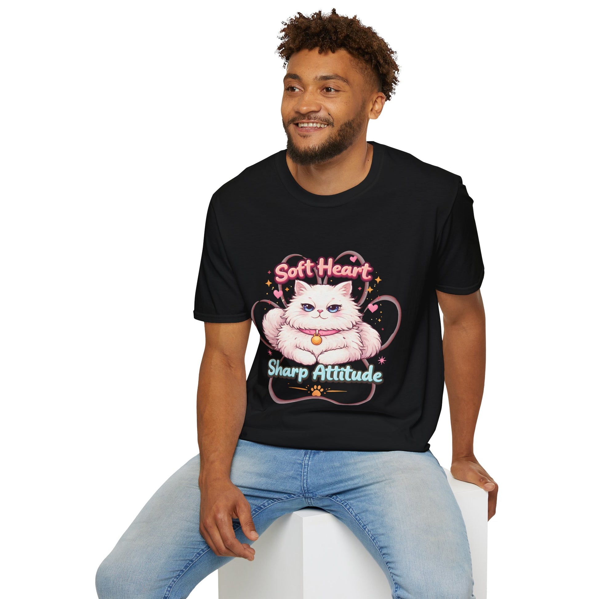 Soft Heart Sharp Attitude cat shirt, cute fluffy kitten graphic, sassy cat lover design, black