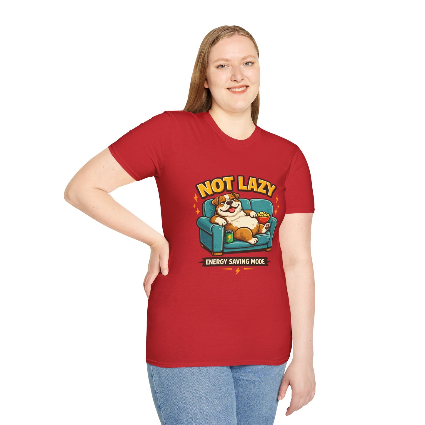 Not Lazy Energy Saving Mode t-shirt, lazy dog couch graphic, red
