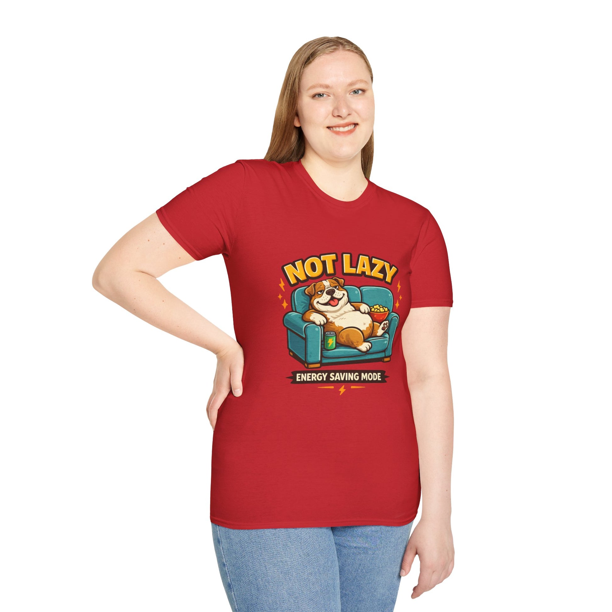 Not Lazy Energy Saving Mode t-shirt, lazy dog couch graphic, red