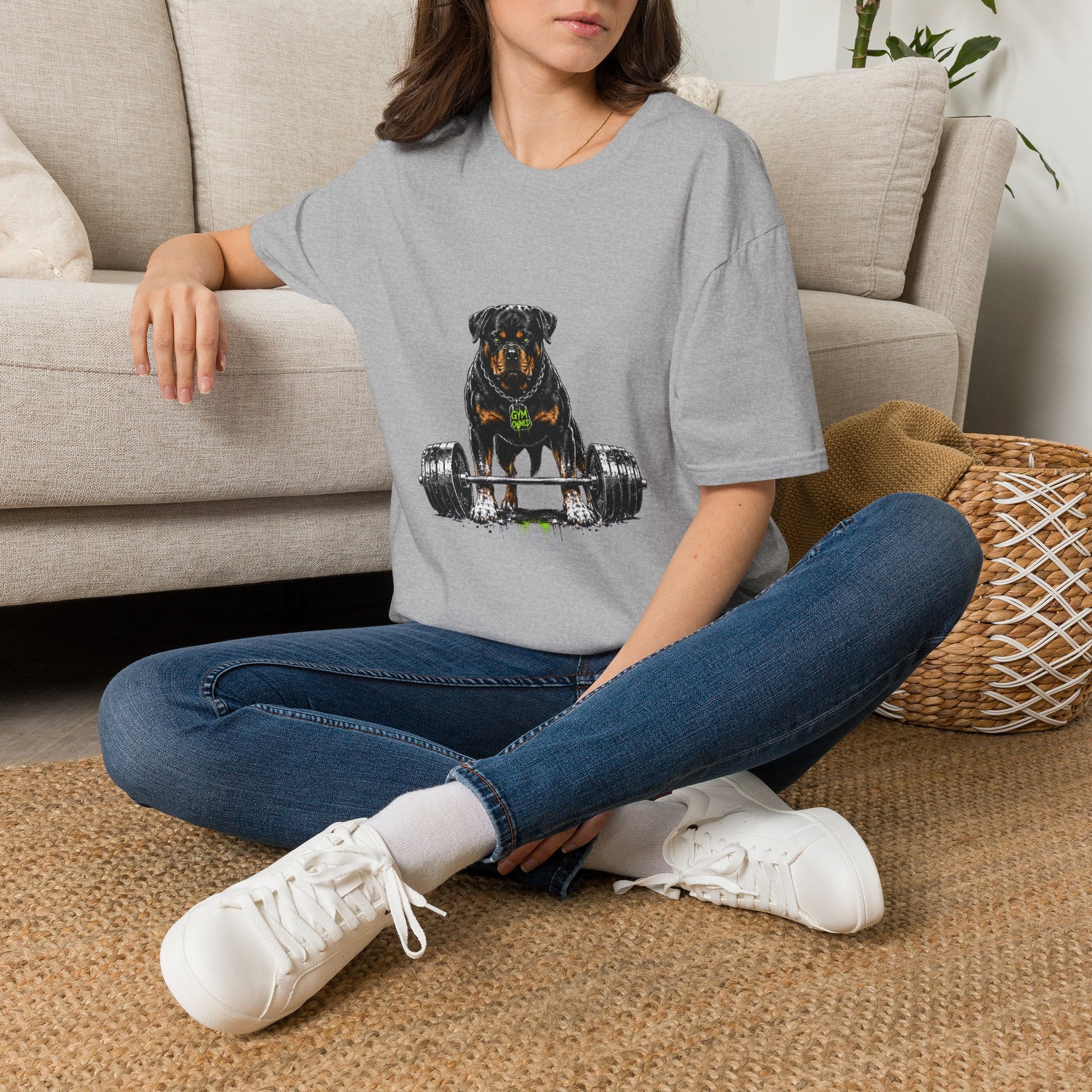 Rottweiler weightlifting t-shirt, dog bodybuilding workout illustration with heavy barbell, sport grey