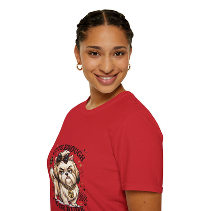 Cute Enough To Be Rude dog t-shirt, stylish small dog with bow and diva necklace graphic, red