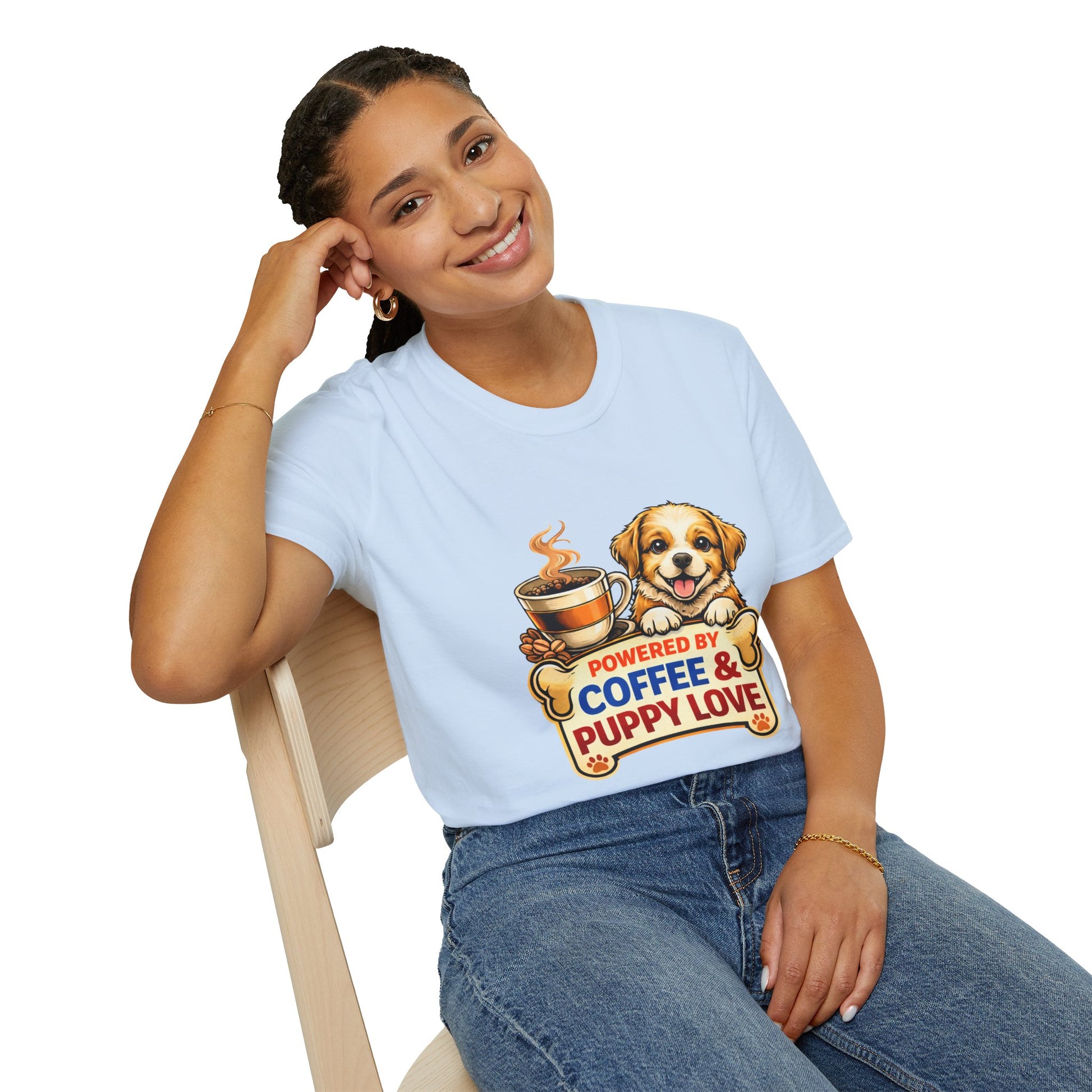 Powered By Coffee & Puppy Love shirt, adorable puppy graphic, coffee lover dog mom tee, light blue