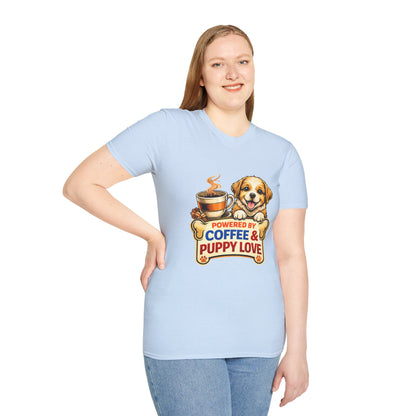Powered By Coffee & Puppy Love shirt, adorable puppy graphic, coffee lover dog mom tee, light blue