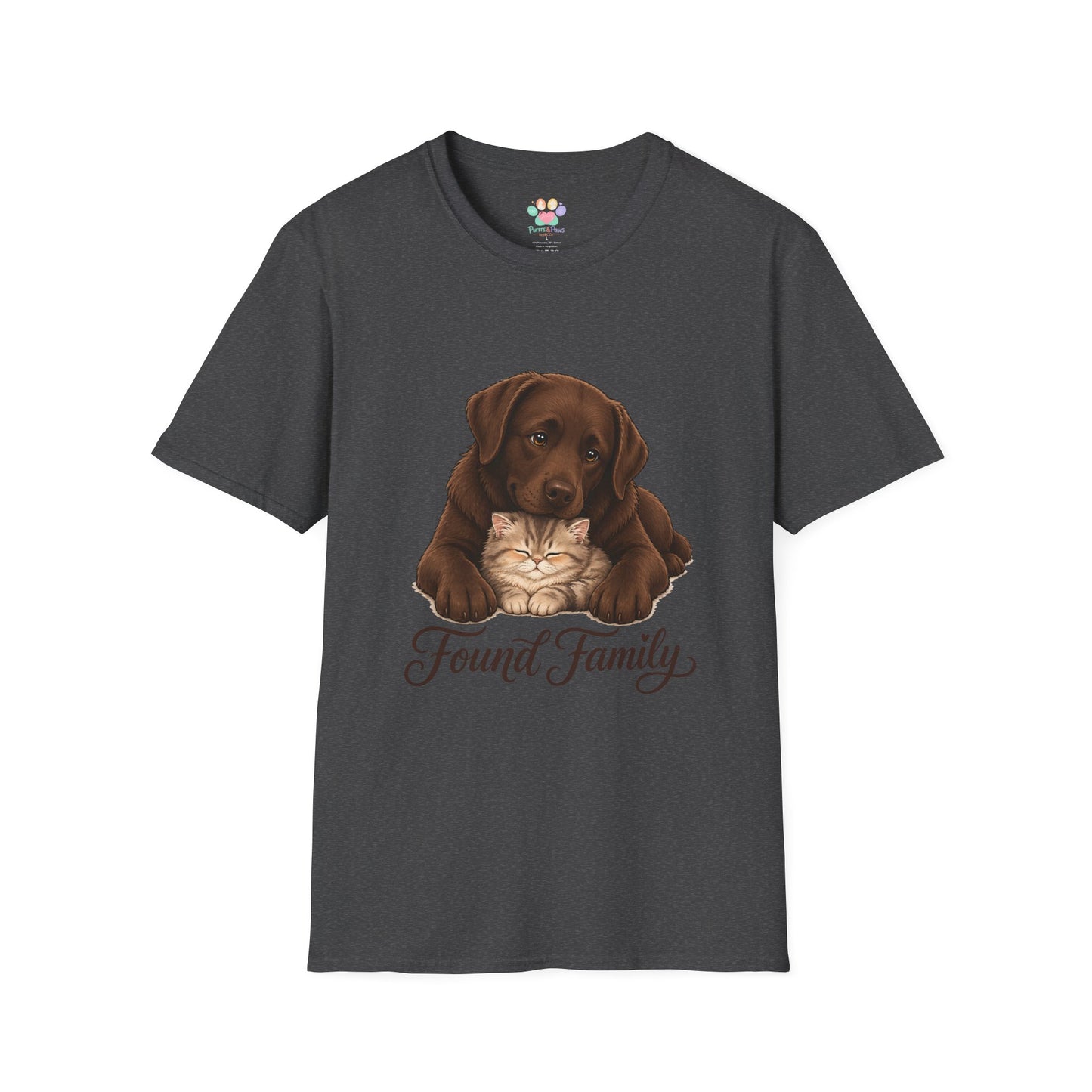 Found Family Labrador Retriever t-shirt, chocolate lab dog and cat cuddle design, dark heather