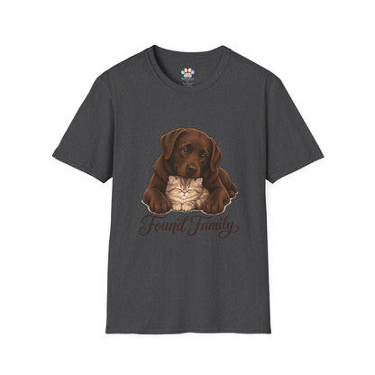 Found Family Labrador Retriever t-shirt, chocolate lab dog and cat cuddle design, dark heather