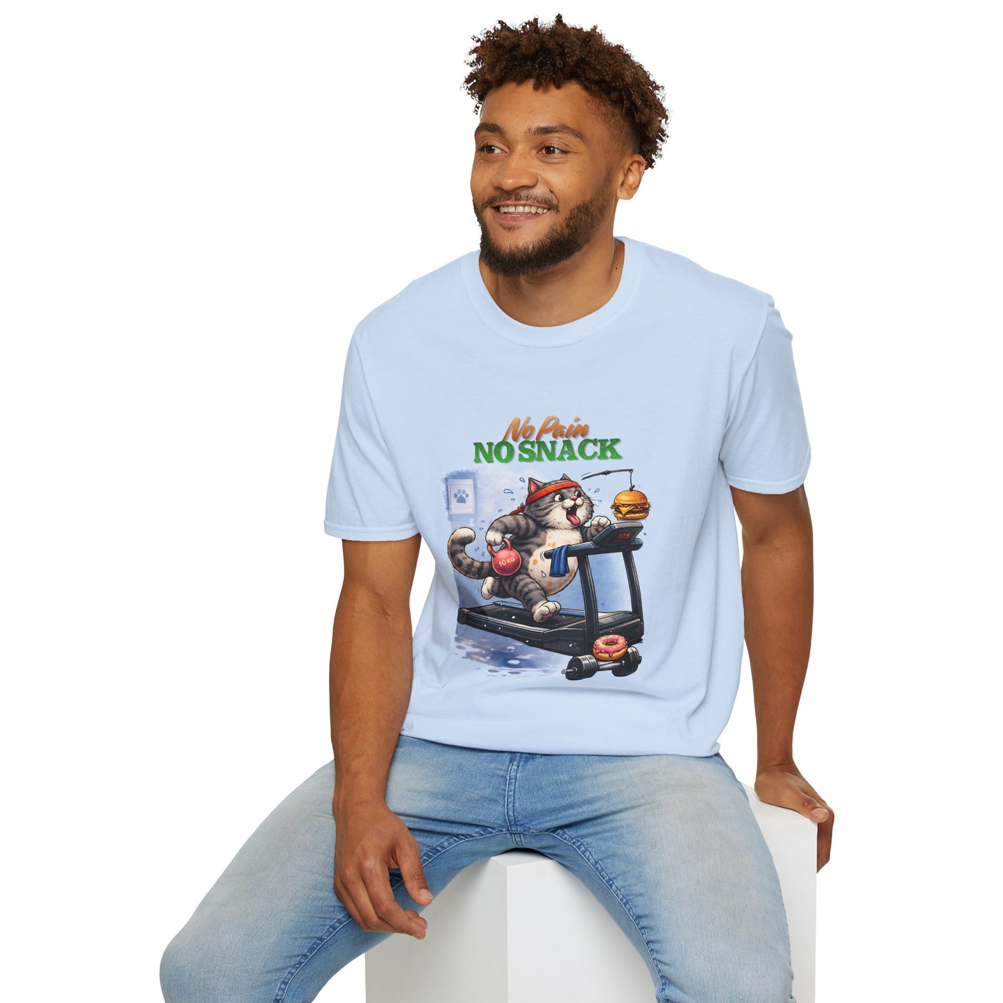 No Pain No Snack t-shirt, running cat with burger and donut graphic, light blue