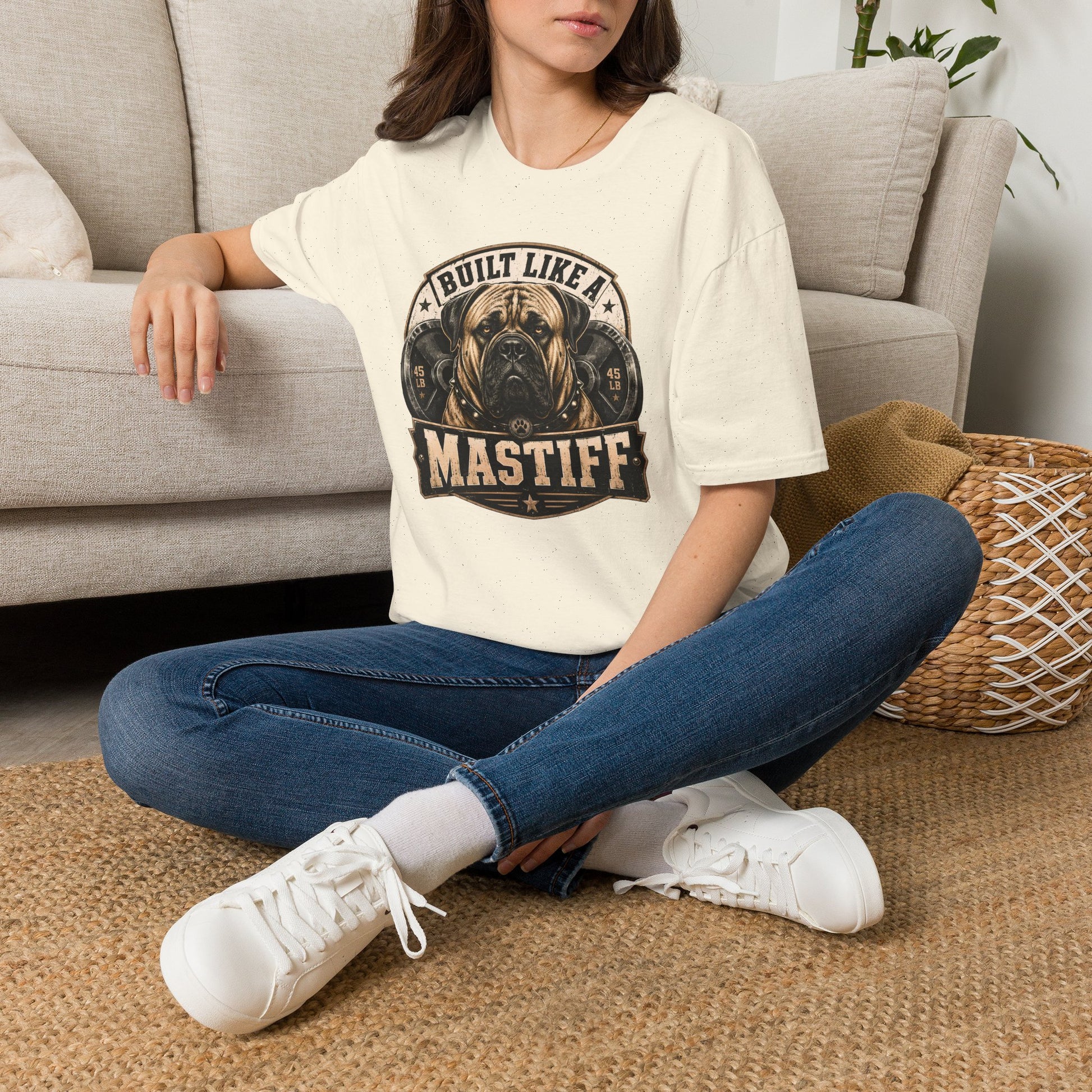 Built Like A Mastiff t-shirt, bold Mastiff dog lover design with weightlifting theme, natural