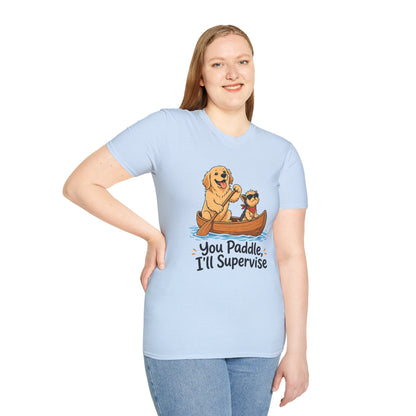 You Paddle I’ll Supervise t-shirt, cute dogs boating in canoe illustration, light blue