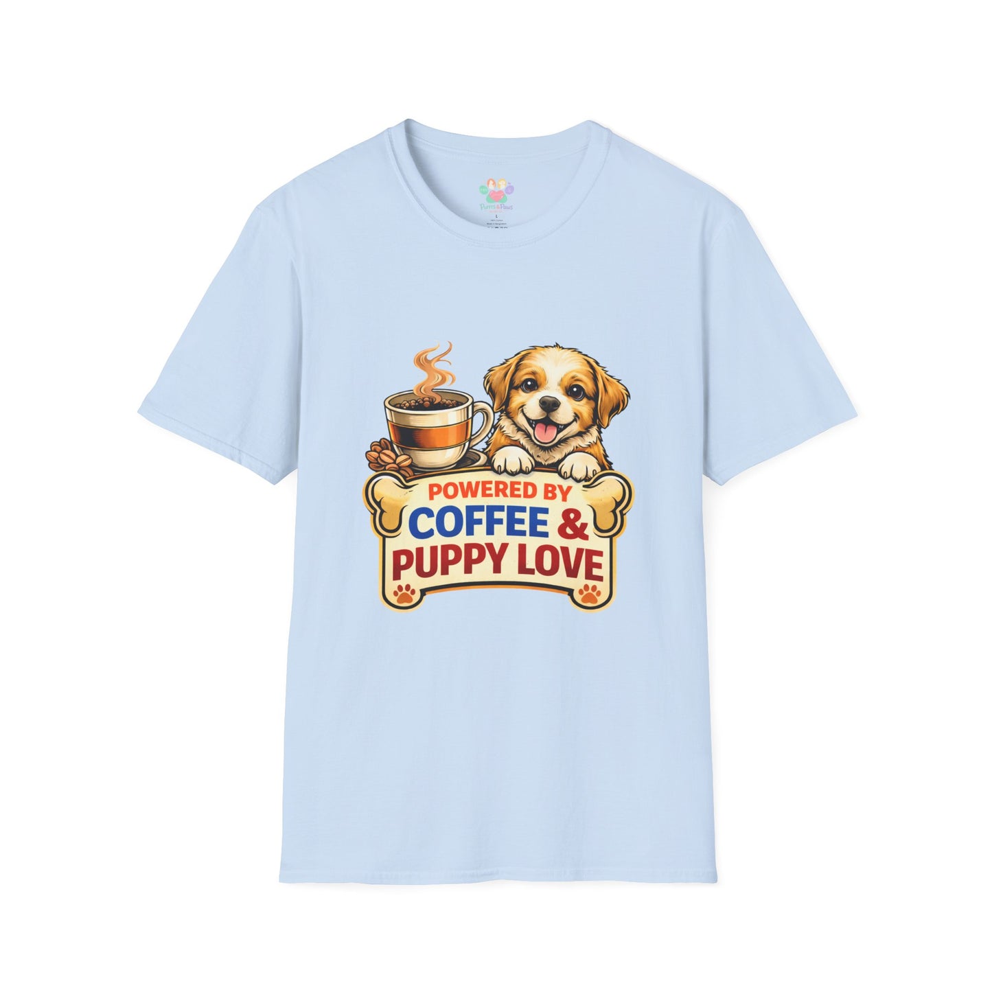Powered By Coffee & Puppy Love shirt, adorable puppy graphic, coffee lover dog mom tee, light blue