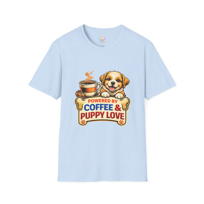Powered By Coffee & Puppy Love shirt, adorable puppy graphic, coffee lover dog mom tee, light blue