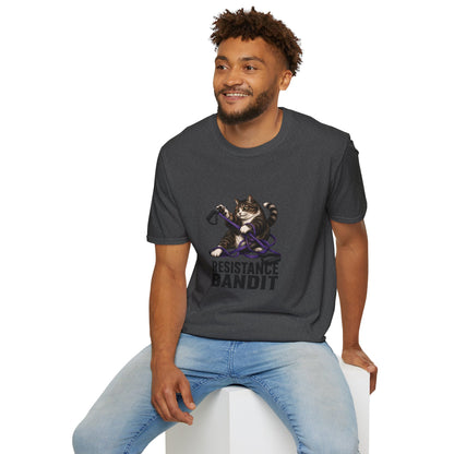 Resistance Bandit cat t-shirt, mischievous cat exercising with resistance bands design, dark heather
