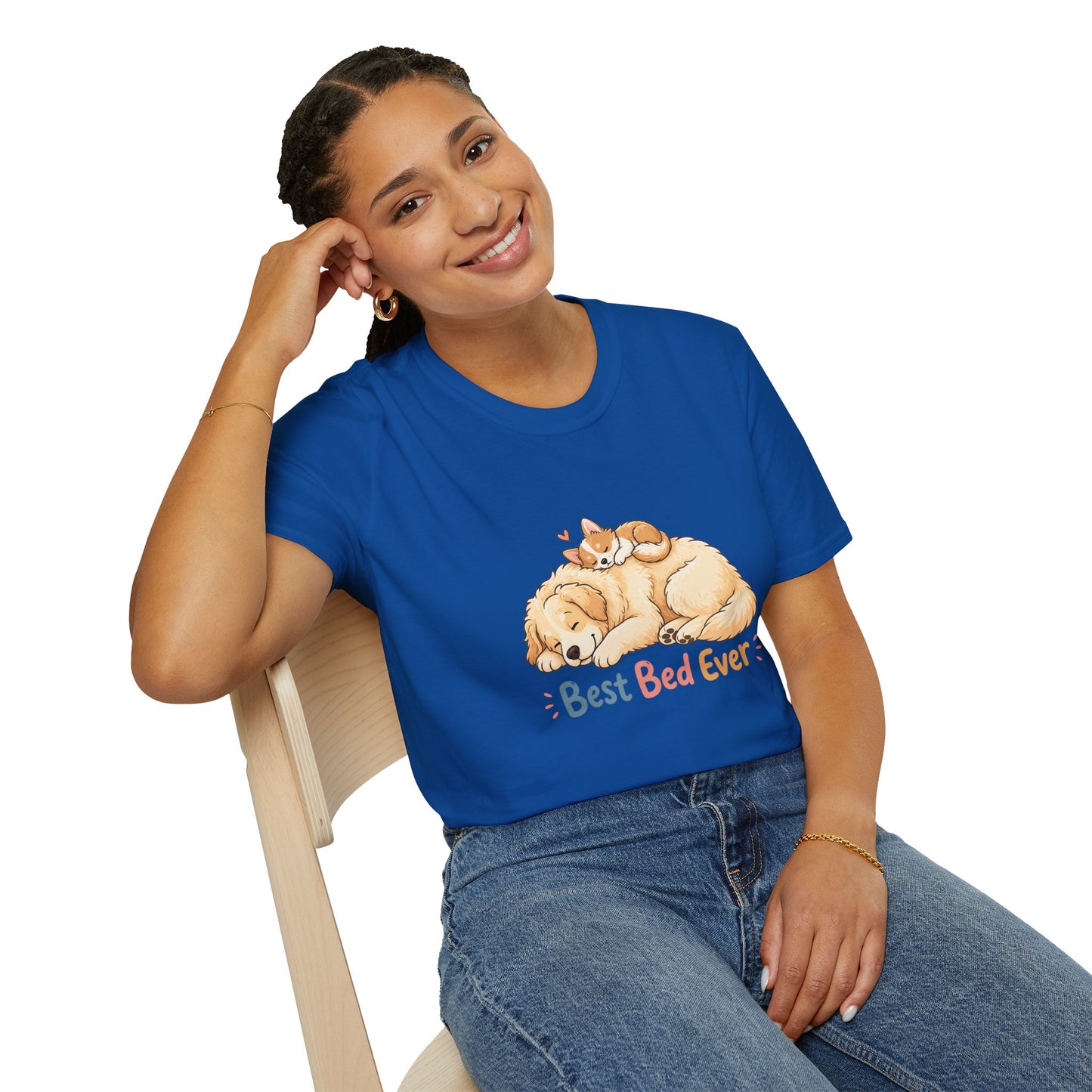 Best Bed Ever t-shirt, dog and kitten cozy cuddle illustration, royal