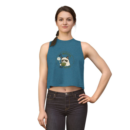 No Matcha No Meow tank top, cat with matcha mug illustration, deep teal