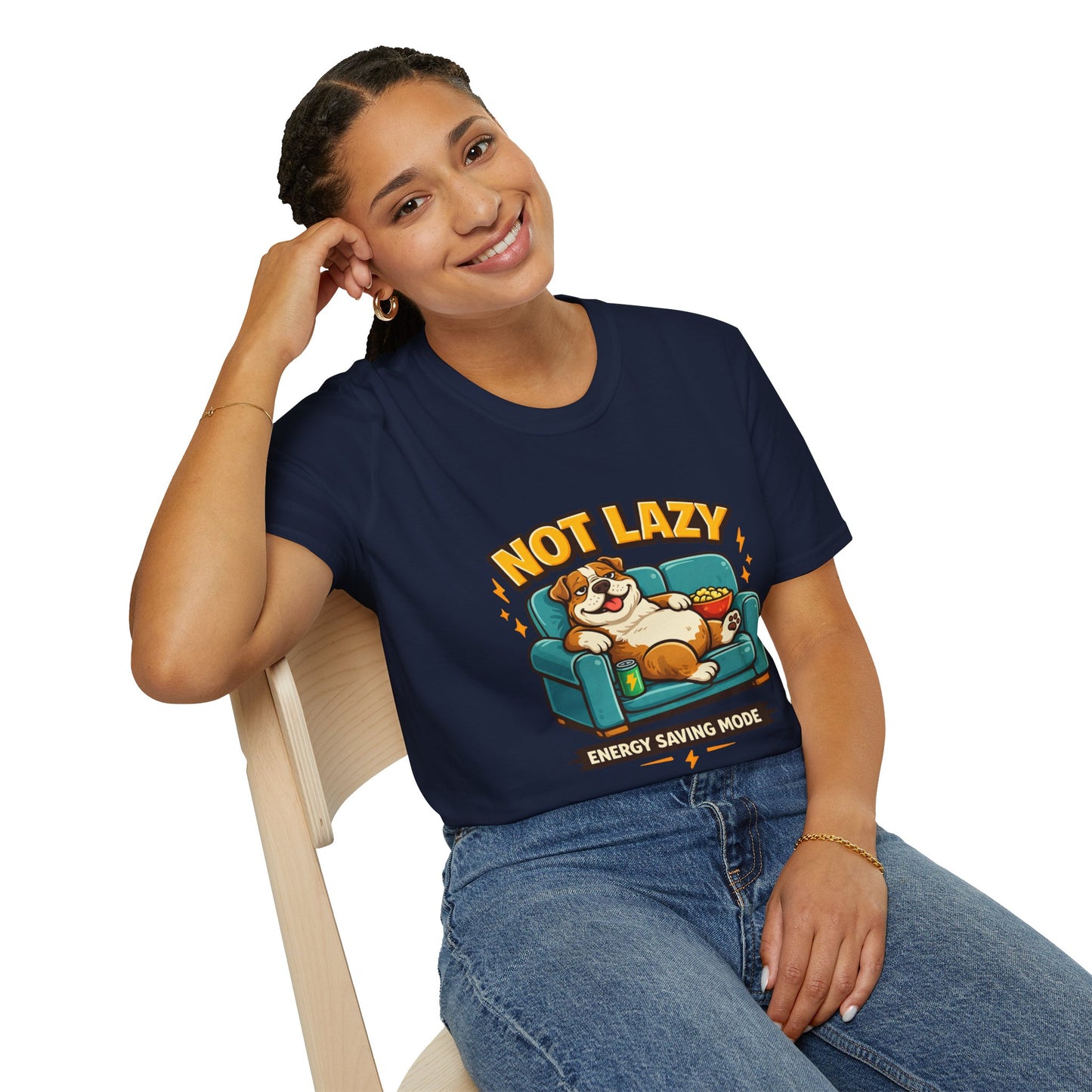 Not Lazy Energy Saving Mode t-shirt, dog lounging on couch design, navy