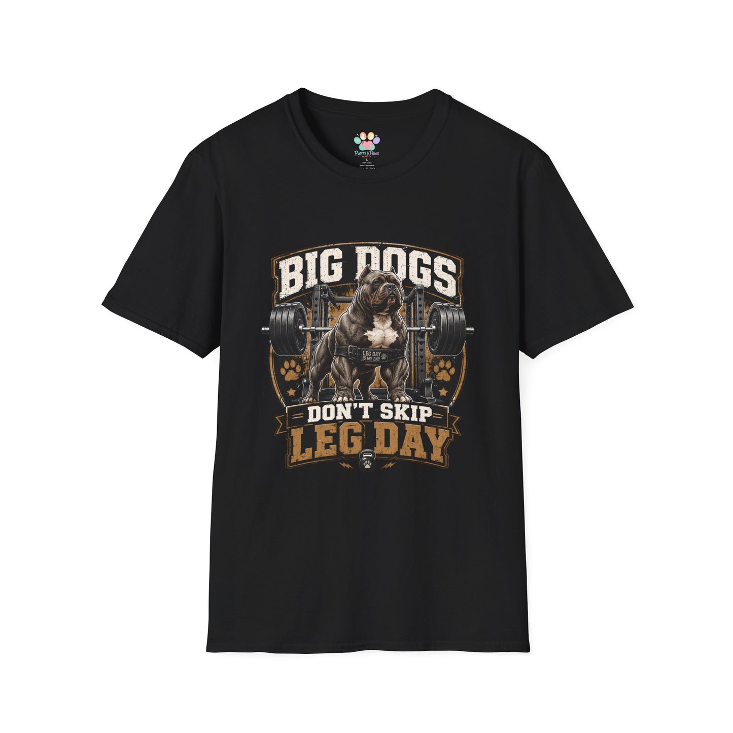 Big Dogs Don’t Skip Leg Day t-shirt, bodybuilding bulldog workout illustration, black