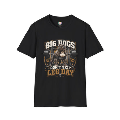 Big Dogs Don’t Skip Leg Day t-shirt, bodybuilding bulldog workout illustration, black